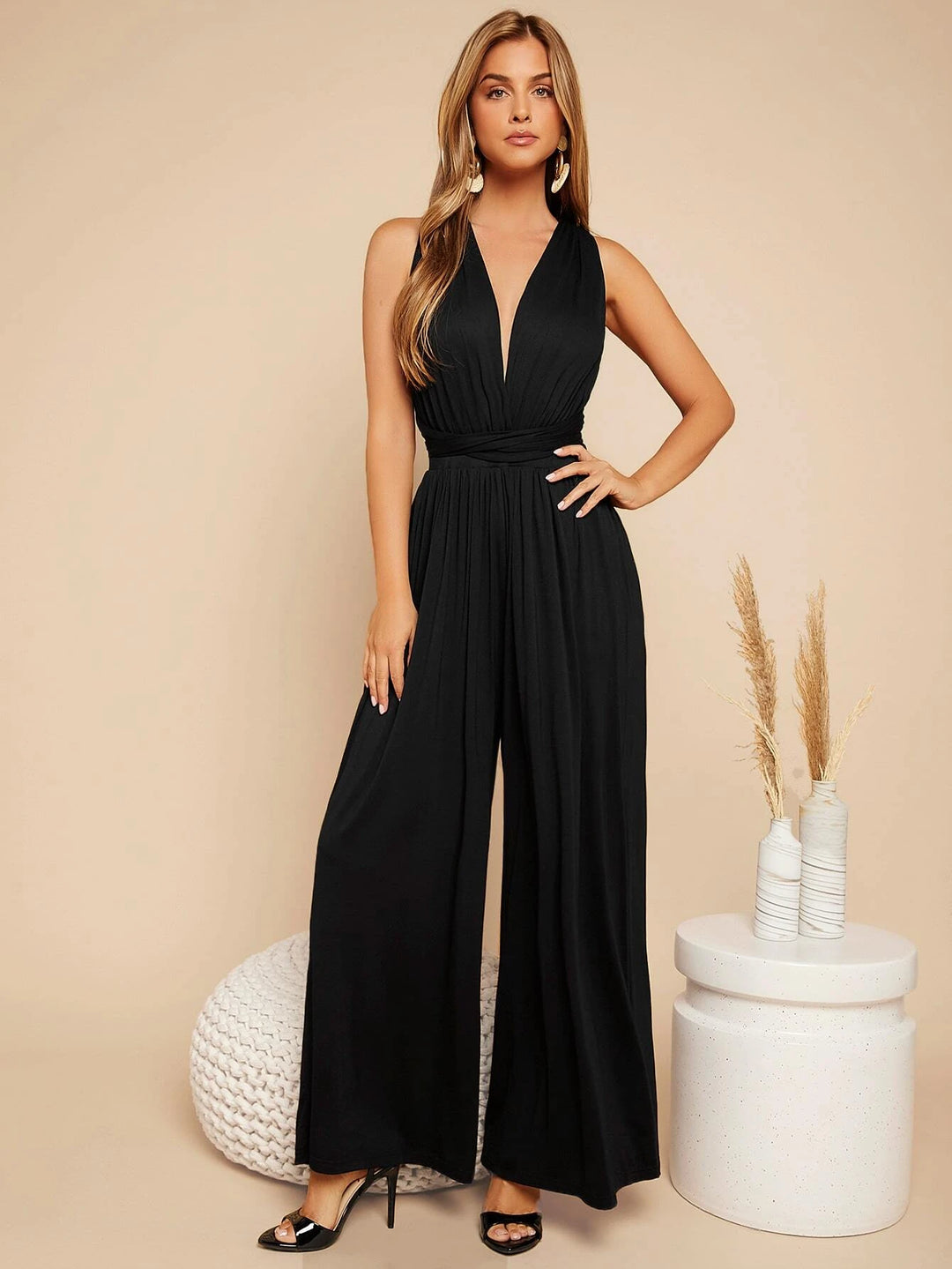 Crisscross Tie Backless Plunging Neckline Jumpsuit