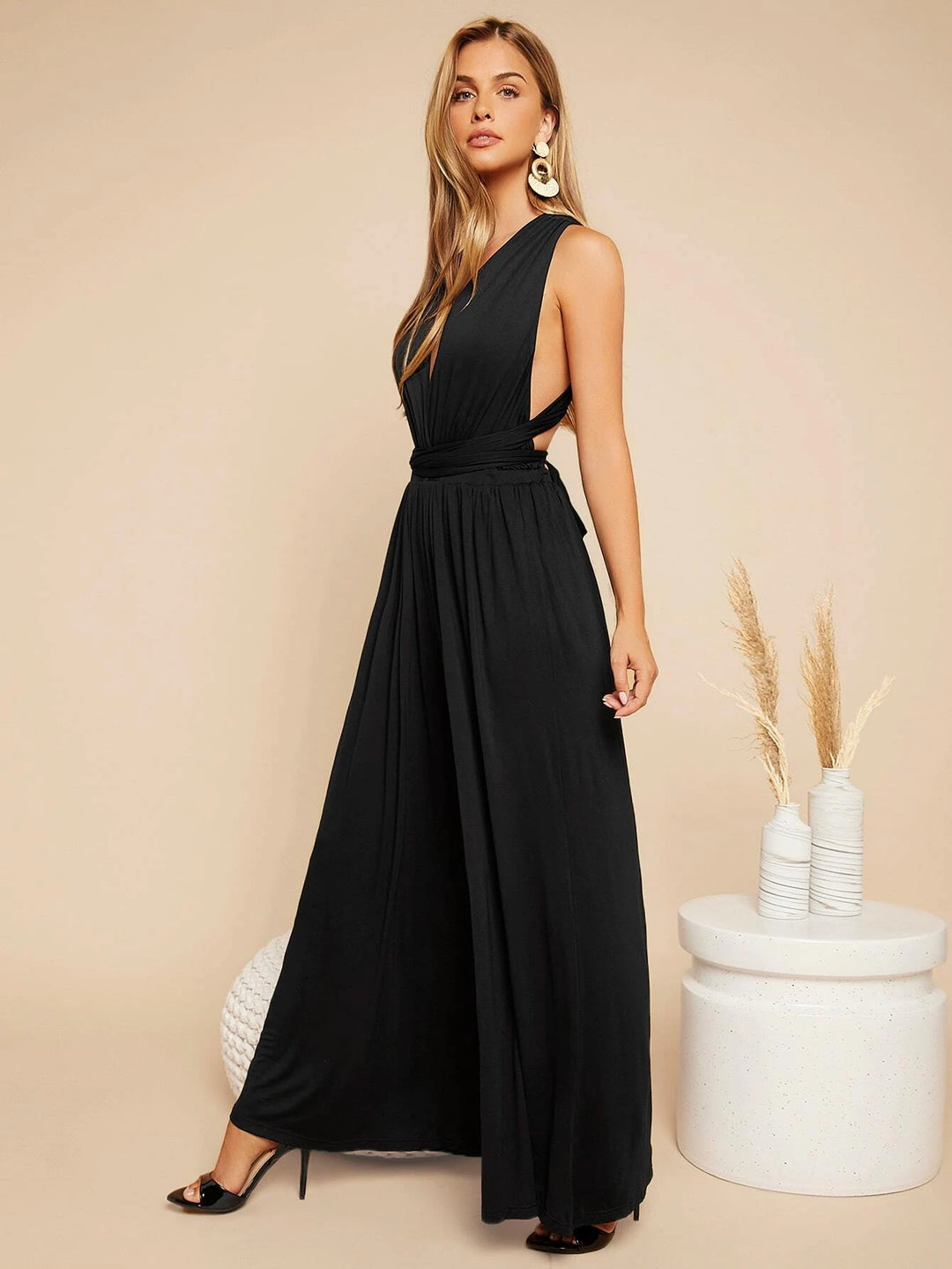 Crisscross Tie Backless Plunging Neckline Jumpsuit