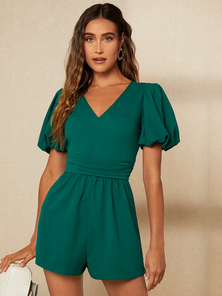 Puff Sleeve Zip Back Ruched Side Romper