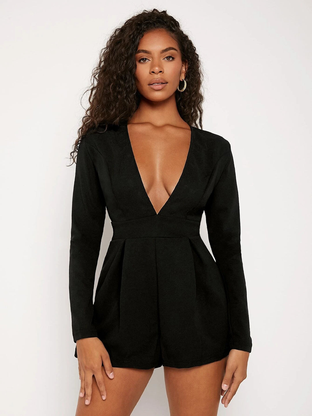 Deep V Neck Pleated Romper