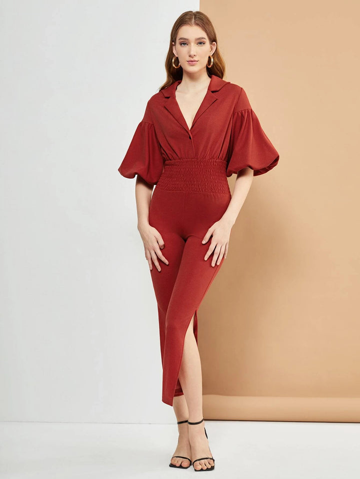 Cut Out Back Shirred Waist Split Thigh Lantern Sleeve Jumpsuit