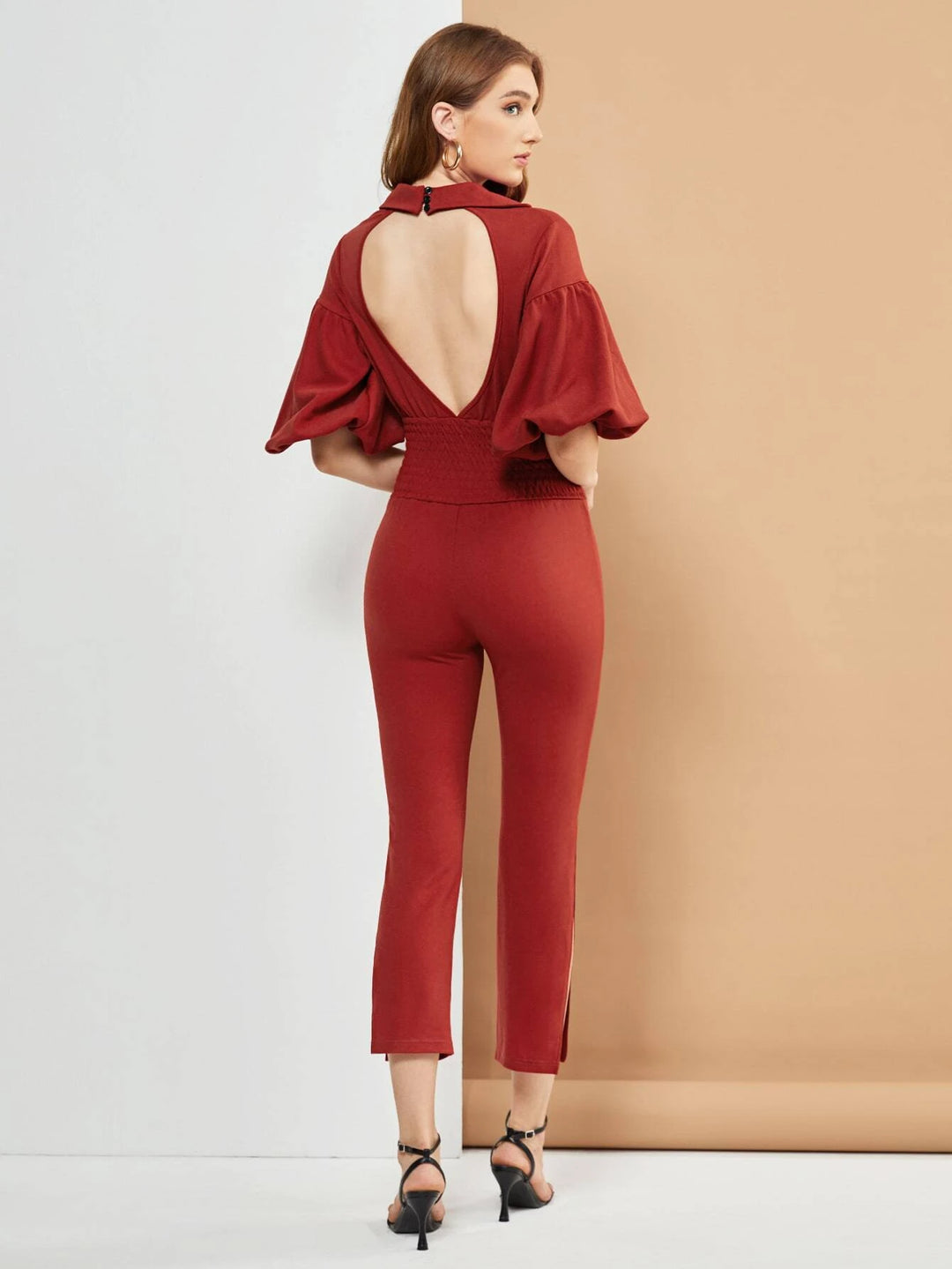 Cut Out Back Shirred Waist Split Thigh Lantern Sleeve Jumpsuit