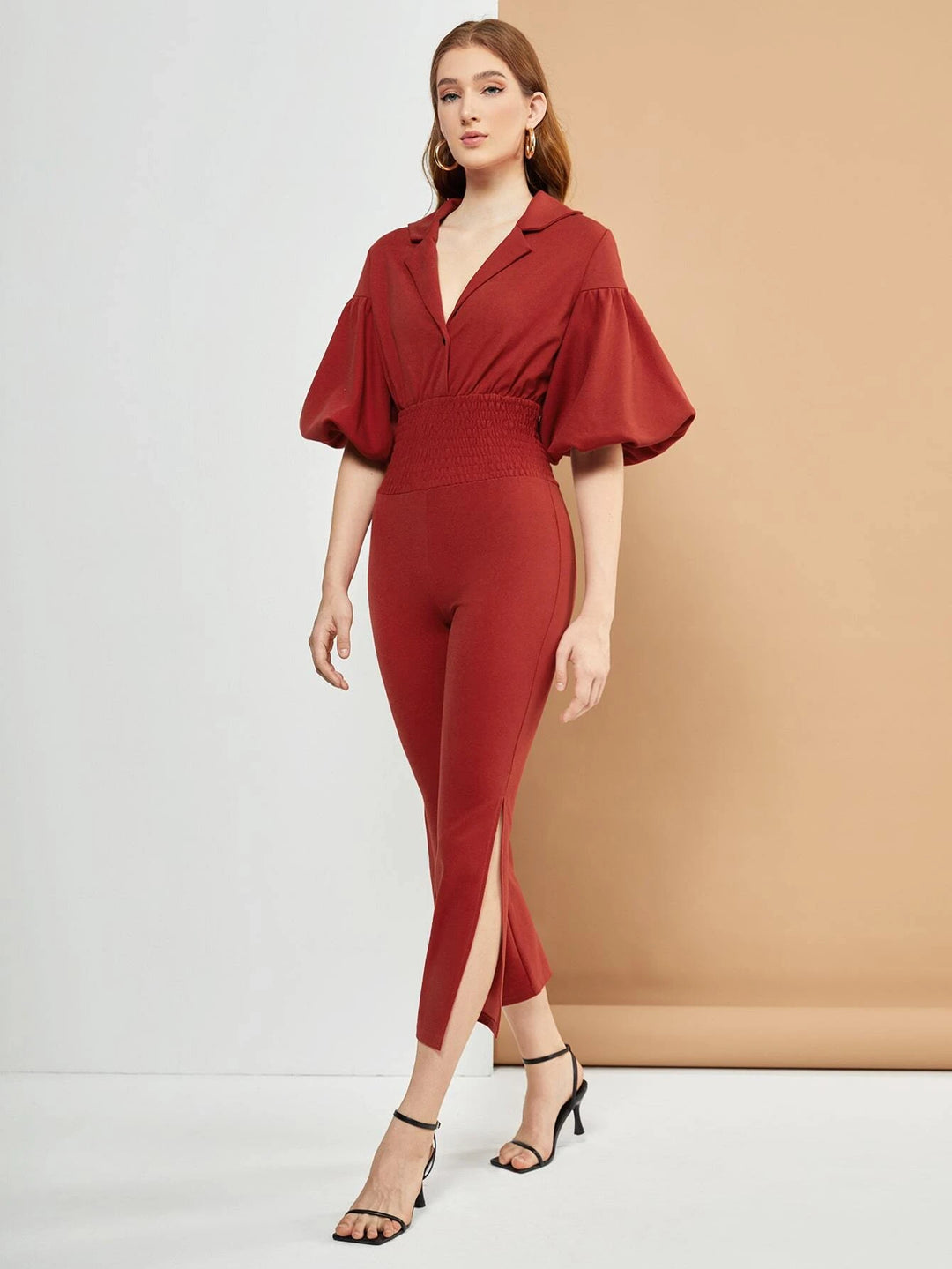 Cut Out Back Shirred Waist Split Thigh Lantern Sleeve Jumpsuit