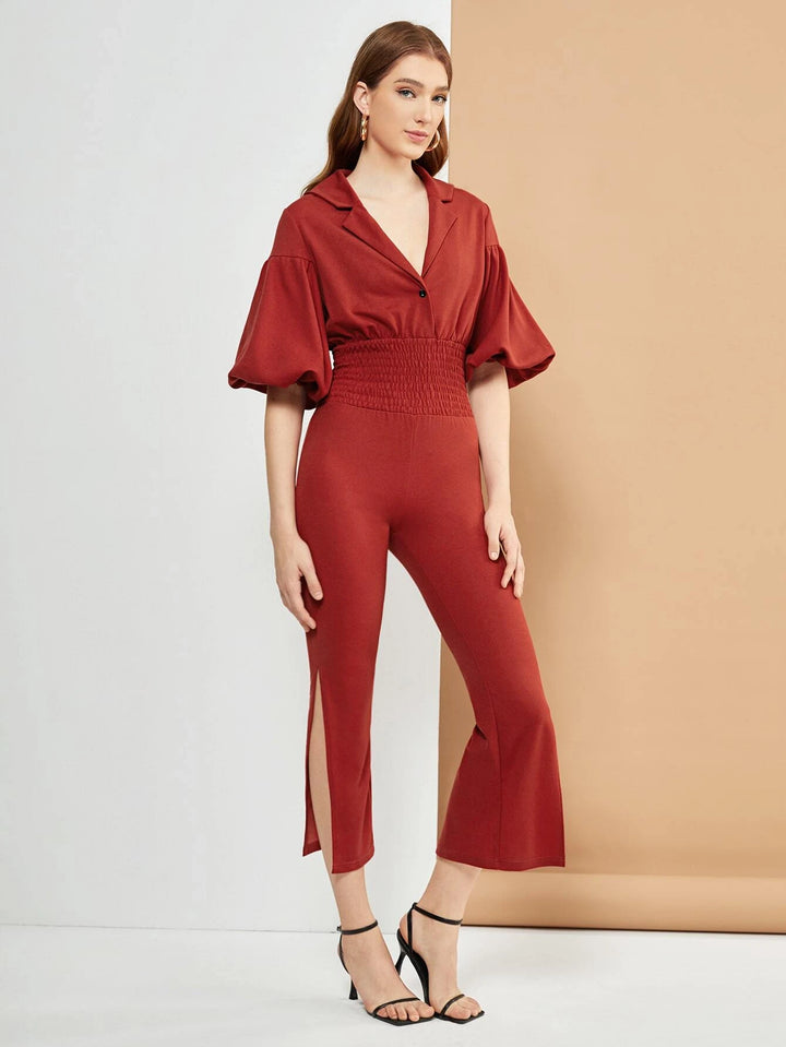 Cut Out Back Shirred Waist Split Thigh Lantern Sleeve Jumpsuit