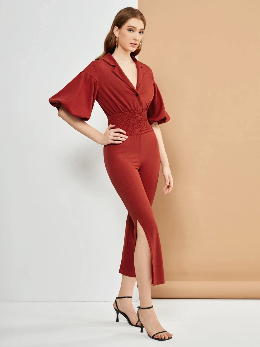 Cut Out Back Shirred Waist Split Thigh Lantern Sleeve Jumpsuit