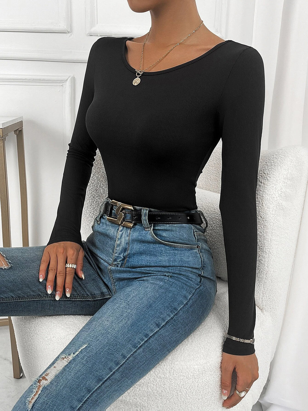 Lace Up Back Rib-knit Bodysuit