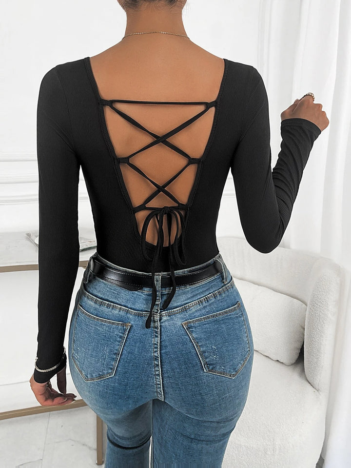 Lace Up Back Rib-knit Bodysuit