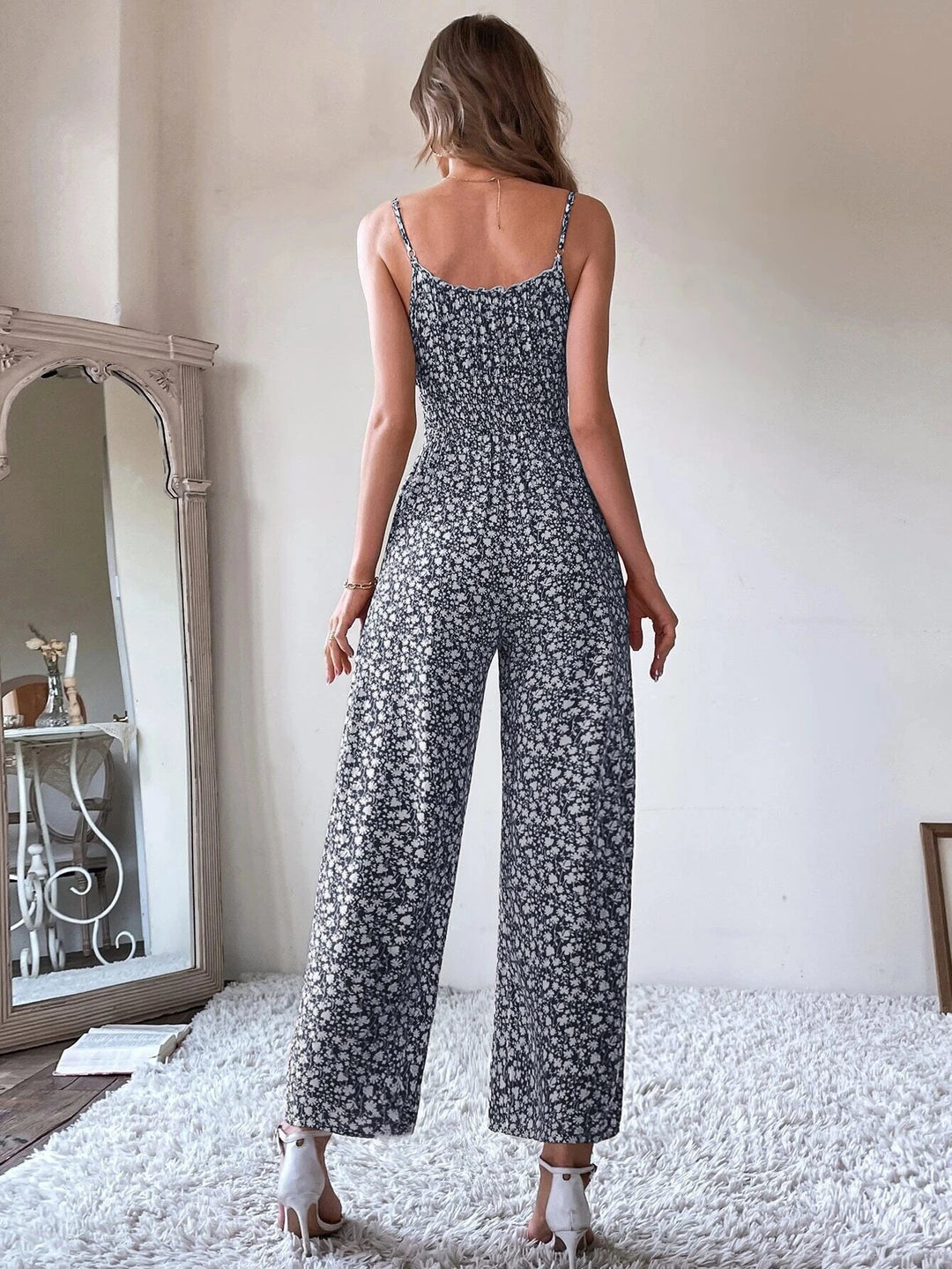 Ditsy Floral Tie Front Shirred Waist Cami Jumpsuit