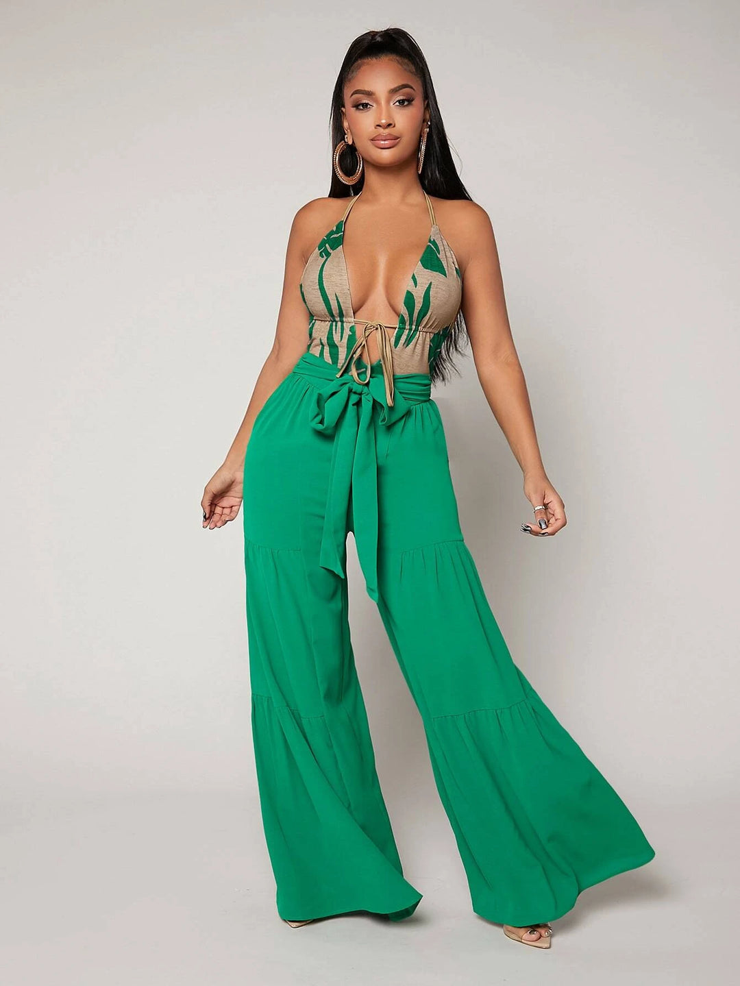 Print Tie Backless Halter Bodysuit