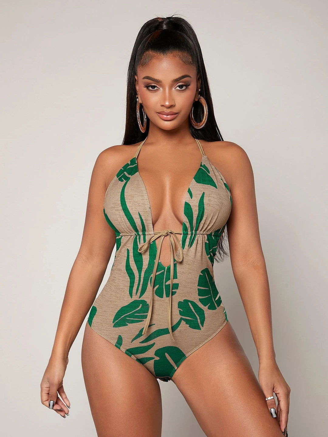 Tropical Print Tie Backless Halter Bodysuit