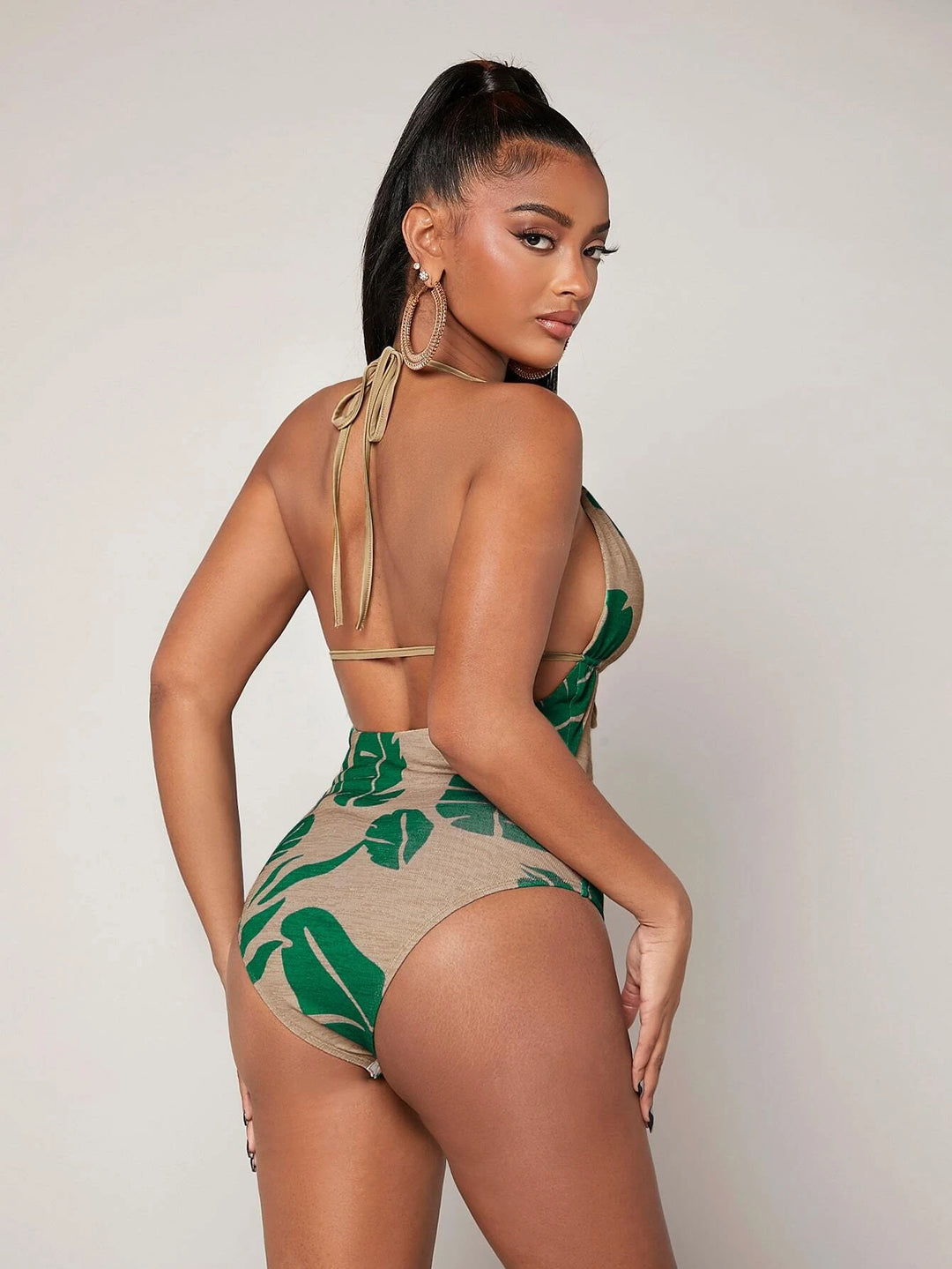 Tropical Print Tie Backless Halter Bodysuit