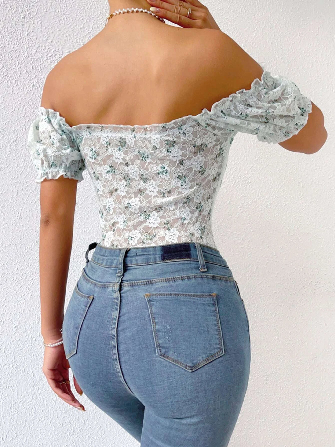 Floral Print Off Shoulder Knot Front Lace Bodysuit