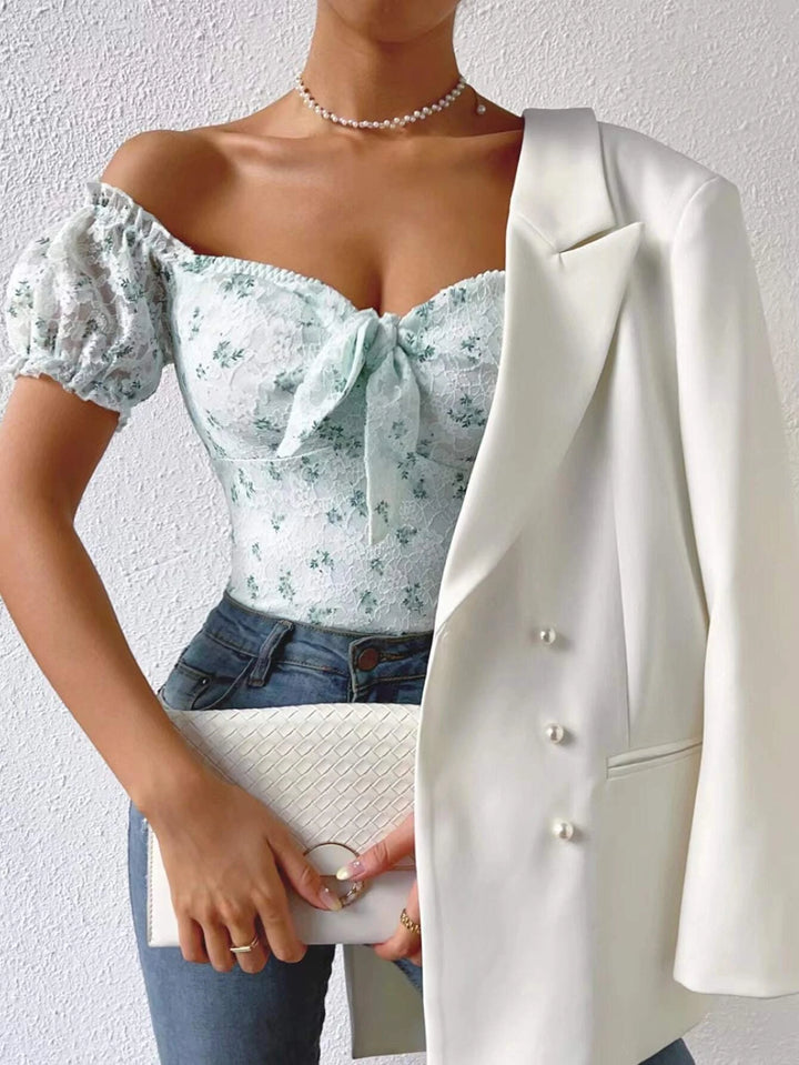 Floral Print Off Shoulder Knot Front Lace Bodysuit