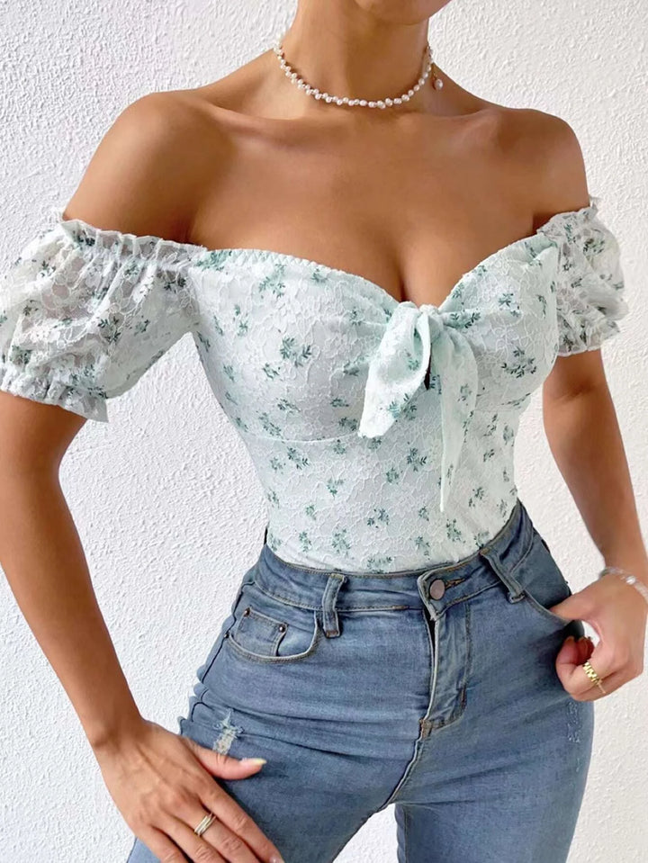 Floral Print Off Shoulder Knot Front Lace Bodysuit