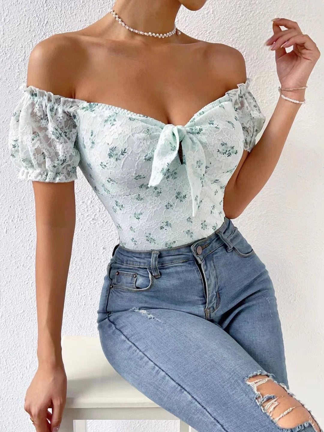 Floral Print Off Shoulder Knot Front Lace Bodysuit