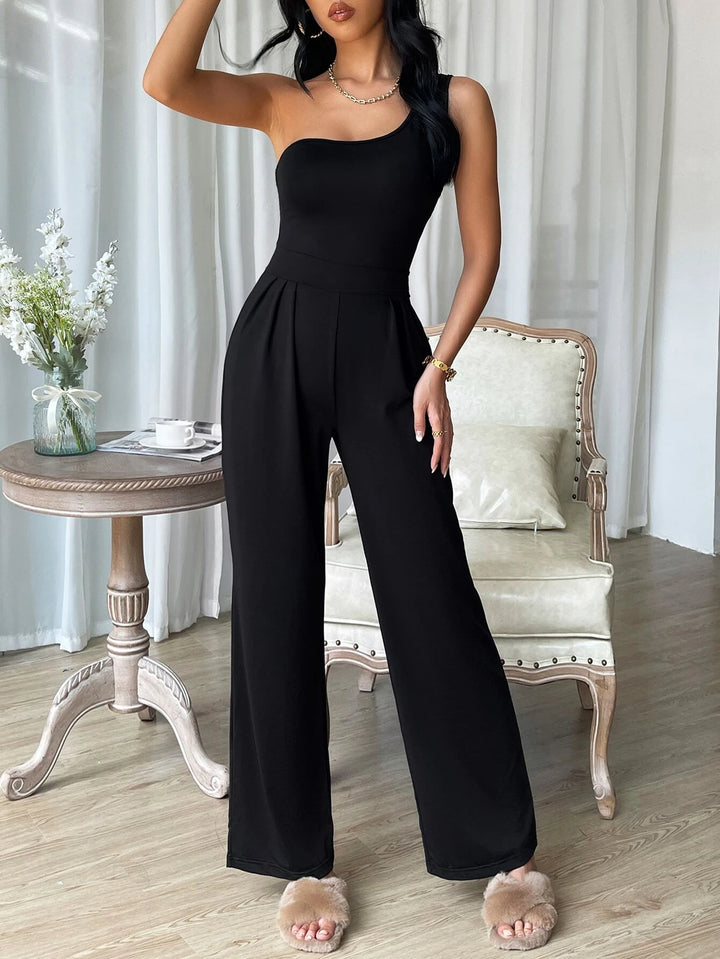 One Shoulder Fold Pleated Jumpsuit