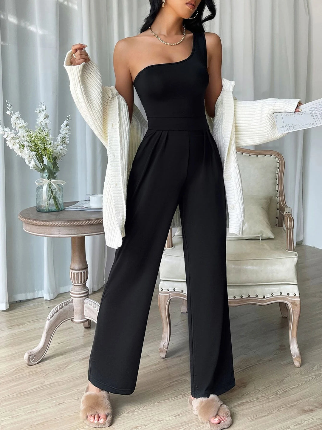 One Shoulder Fold Pleated Jumpsuit