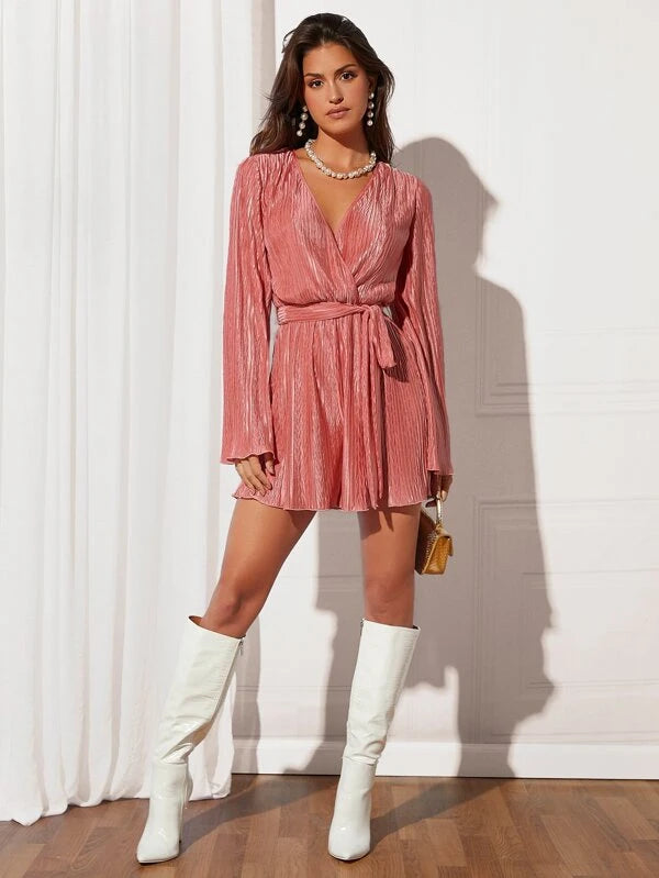 Surplice Neck Textured Belted Party Romper