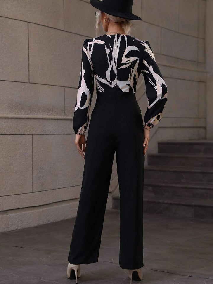 Graphic Pattern V Neck Jumpsuit