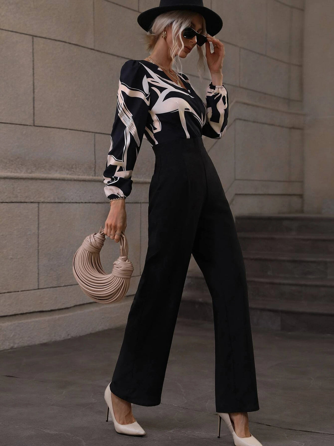 Graphic Pattern V Neck Jumpsuit