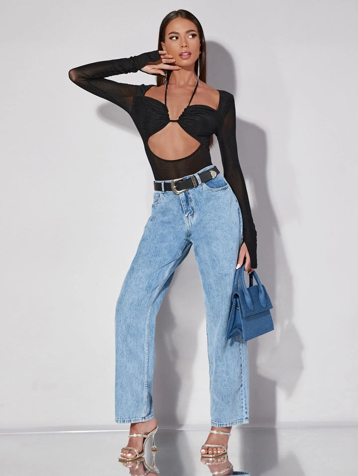 Contrast Mesh Halter Neck Bodysuit