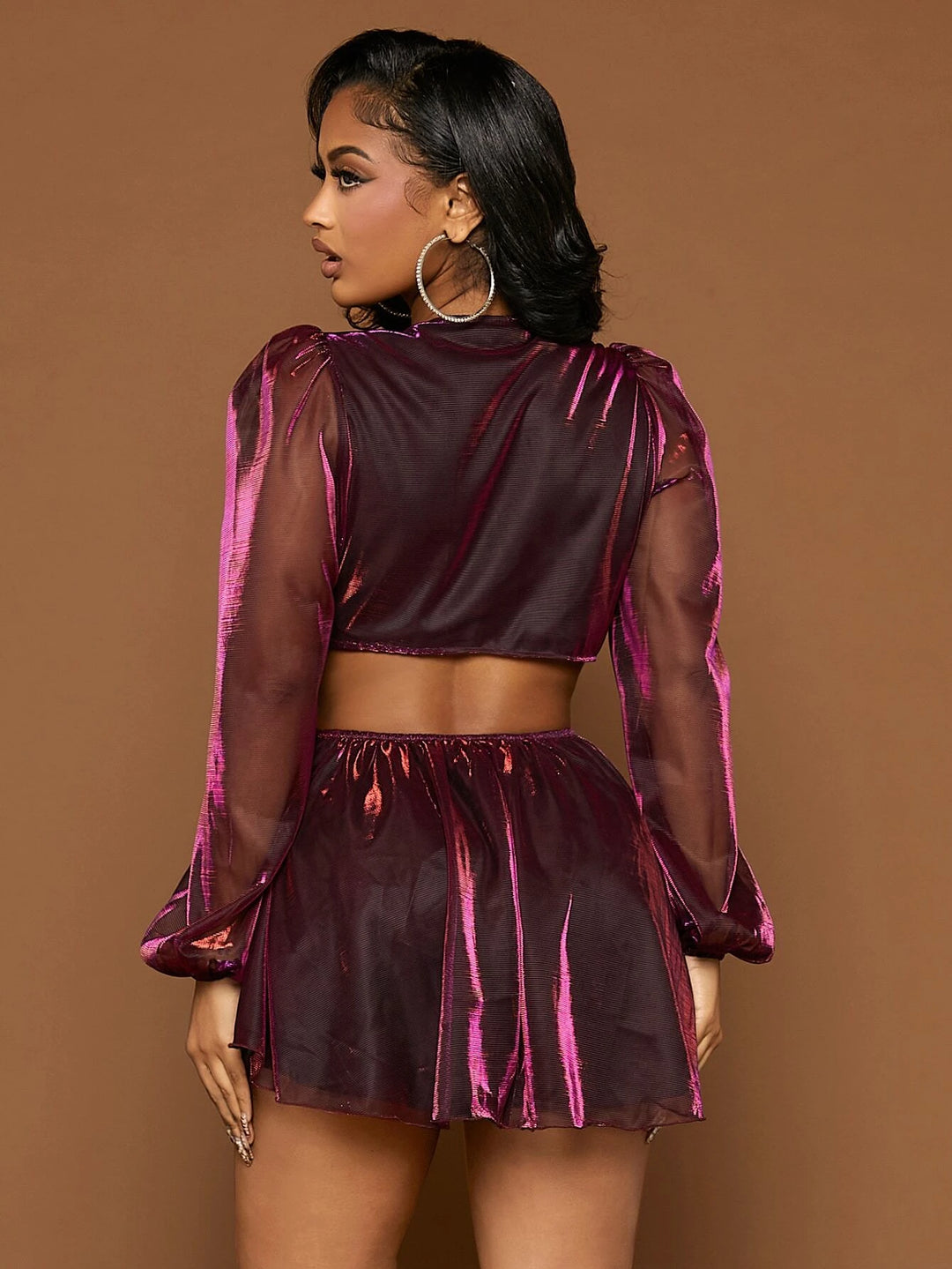 Plunging Neck Lantern Sleeve Metallic Romper