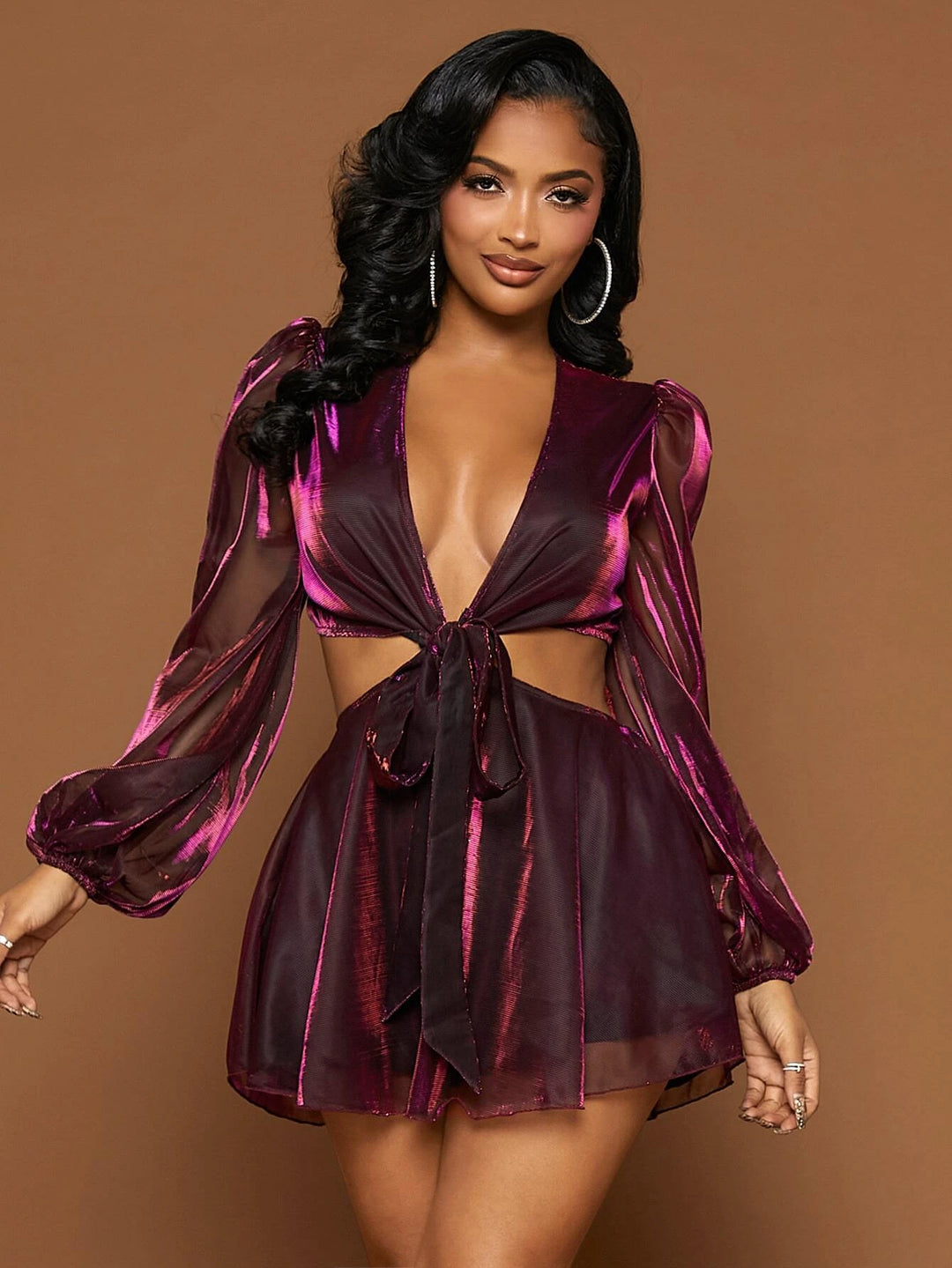 Plunging Neck Lantern Sleeve Metallic Romper