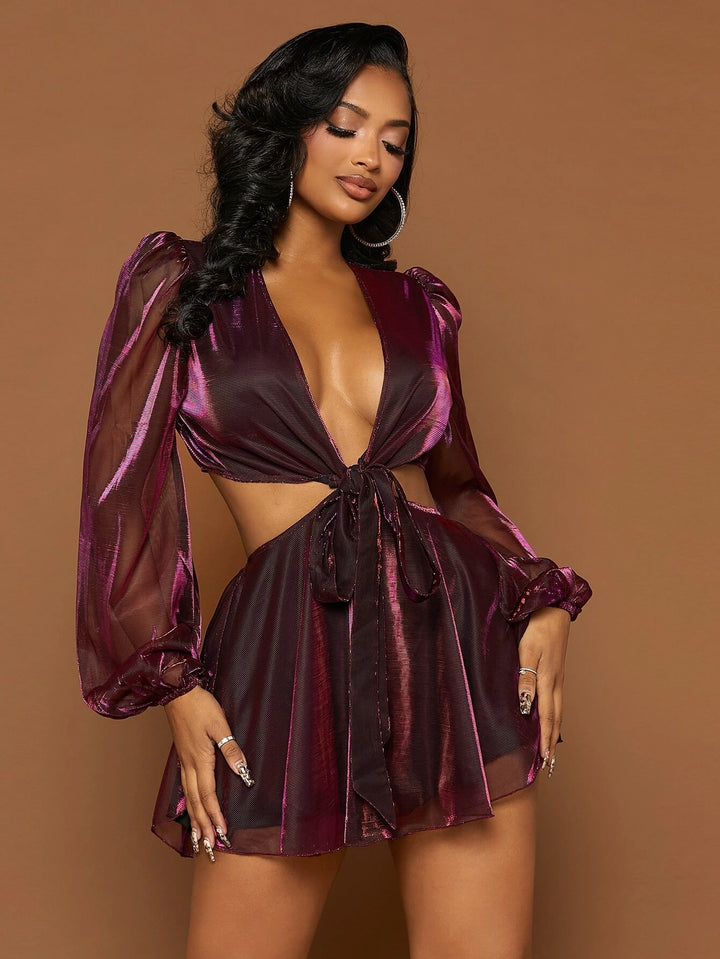 Plunging Neck Lantern Sleeve Metallic Romper