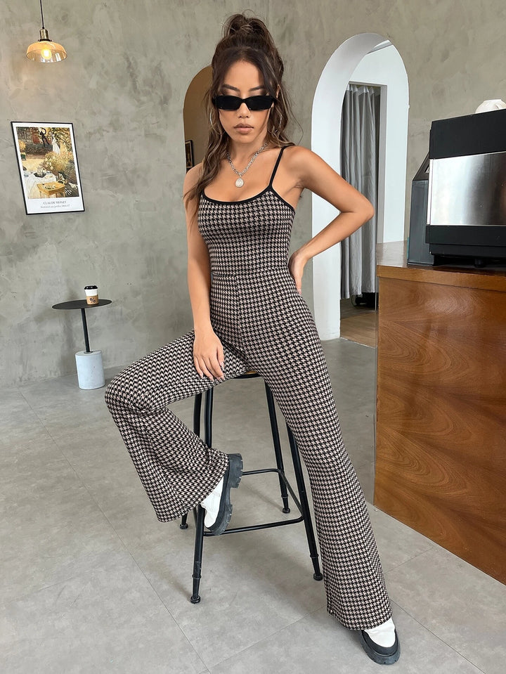 Houndstooth Print Flare Leg Jumpsuit