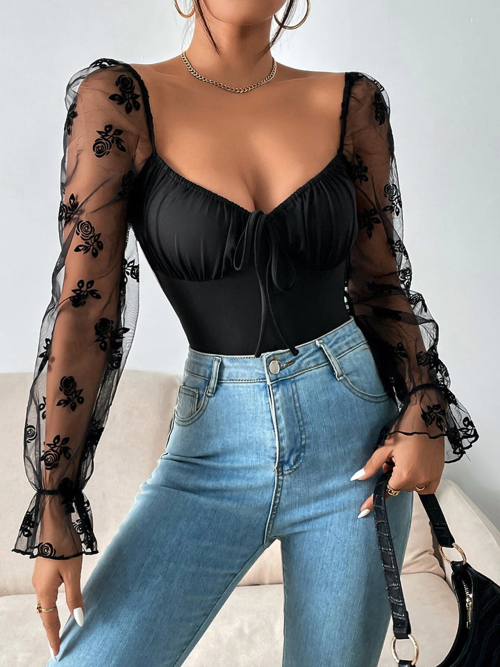 Floral Print Mesh Flounce Sleeved Bodysuit