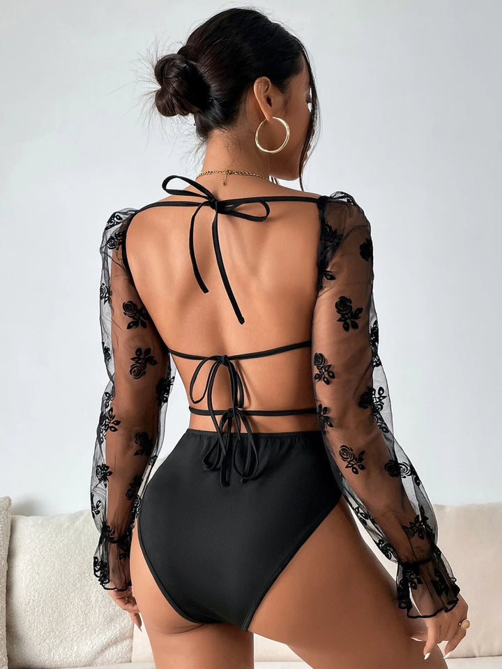 Floral Print Mesh Flounce Sleeved Bodysuit