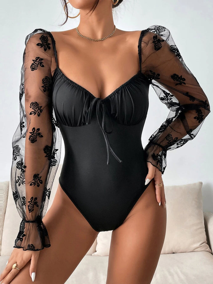 Floral Print Mesh Flounce Sleeved Bodysuit