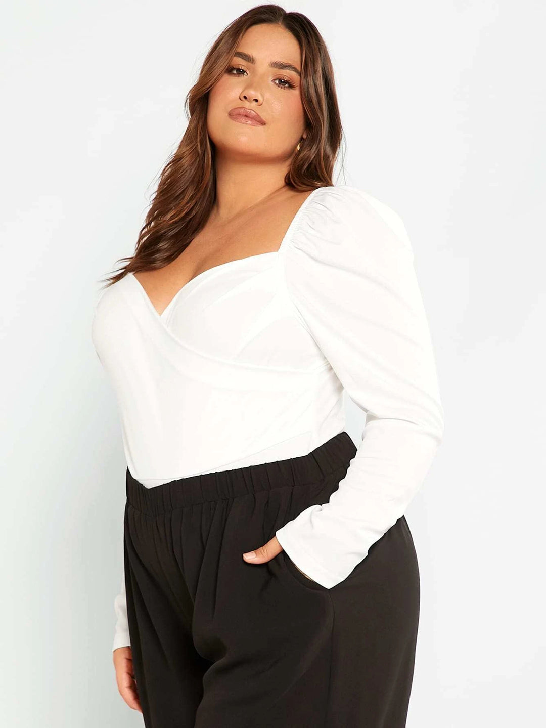 Plus Sleeve Wrap Front Ruched Bodysuit