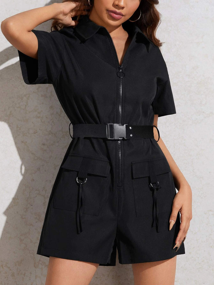 Belted With Flap Pocket Romper