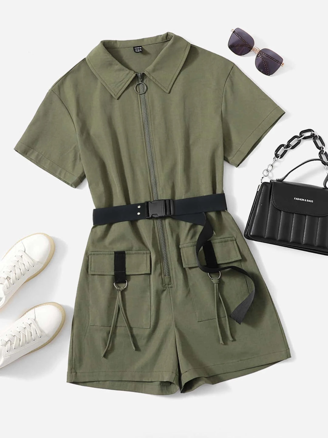 Belted With Flap Pocket Romper