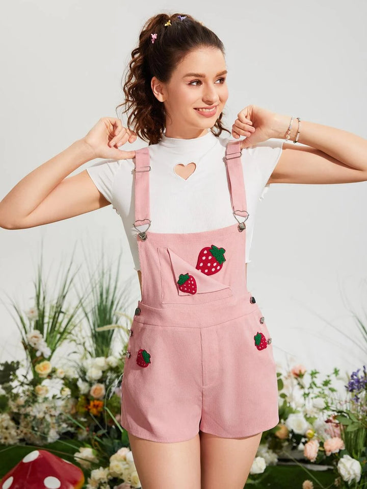 Strawberry Patched Crisscross Back Overall Romper