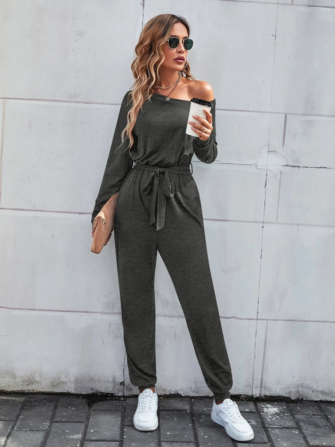 Solid Coloured Asymmetrical Neck Belted Jumpsuit