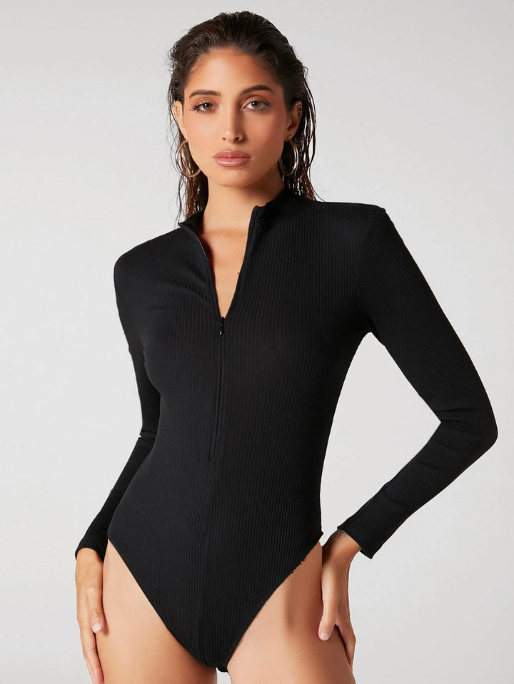 Zipper Front Solid Colored Bodysuit