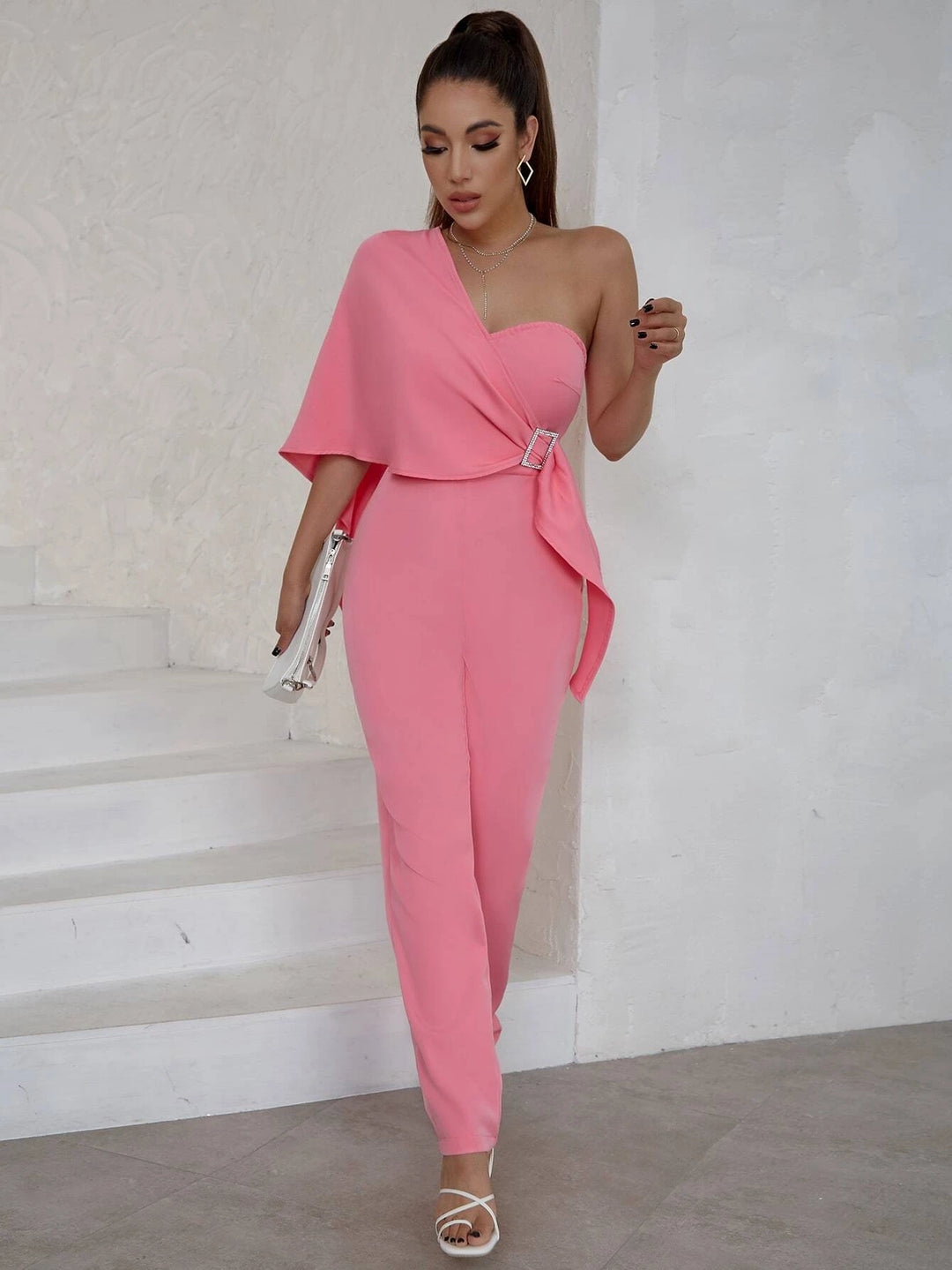 One Shoulder Cloak Sleeve Buckled Side Jumpsuit