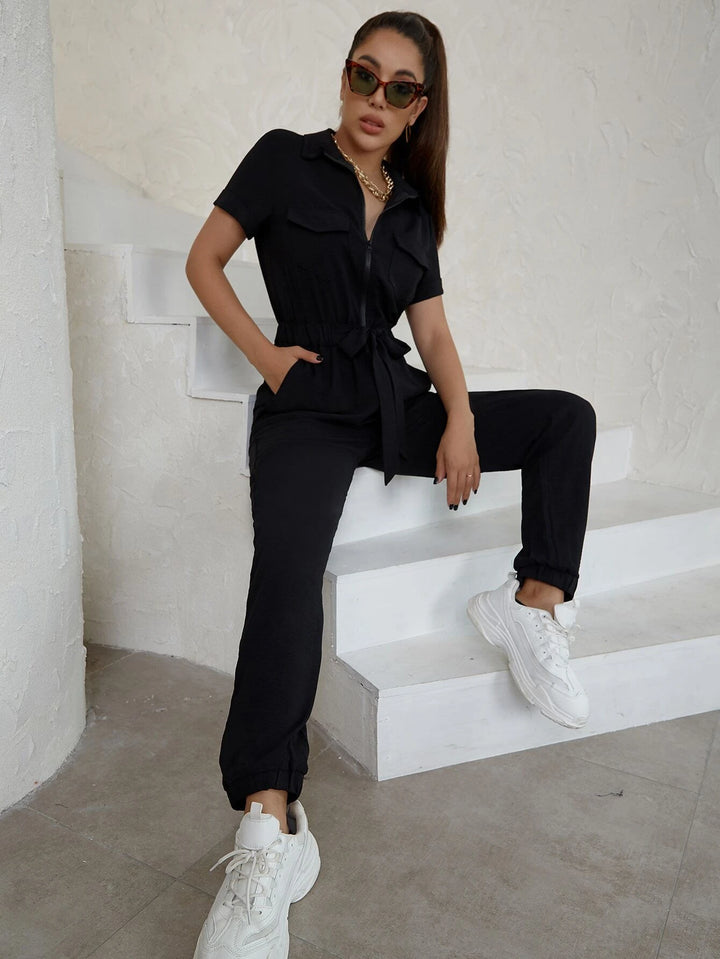 Flap Pocket Belted Front Knot Jumpsuit