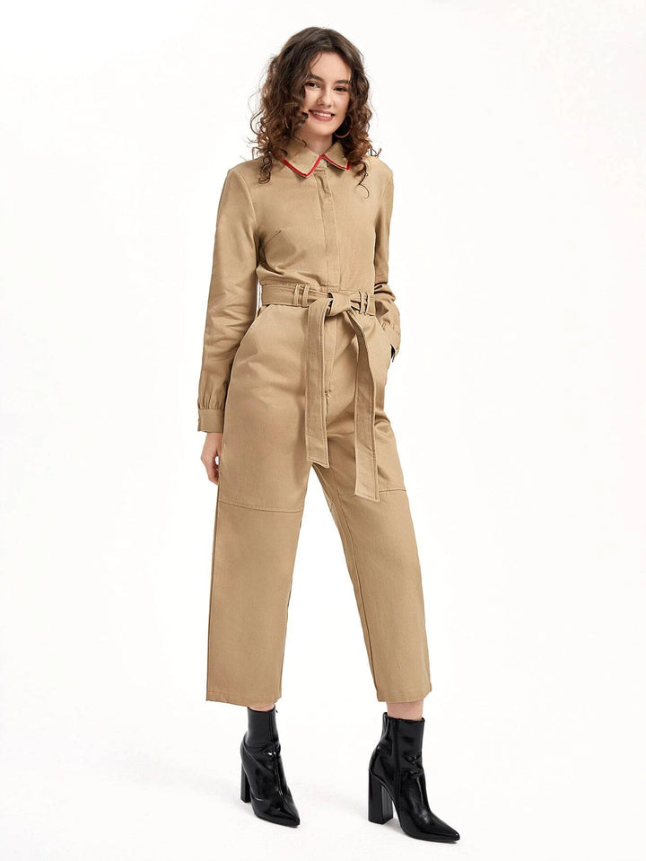 High Waist Contrast Trim Belted Jumpsuit