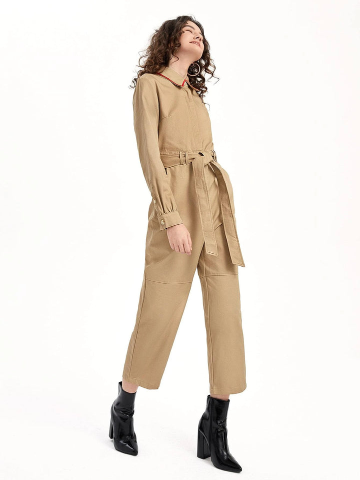 High Waist Contrast Trim Belted Jumpsuit