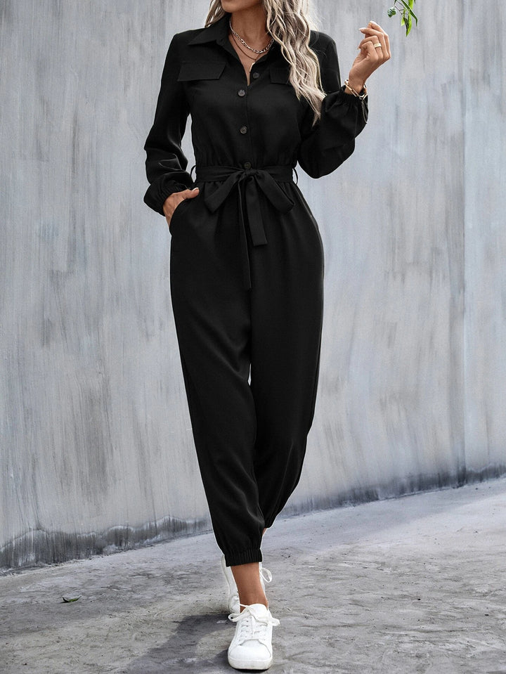 Button Front Belt Jumpsuit