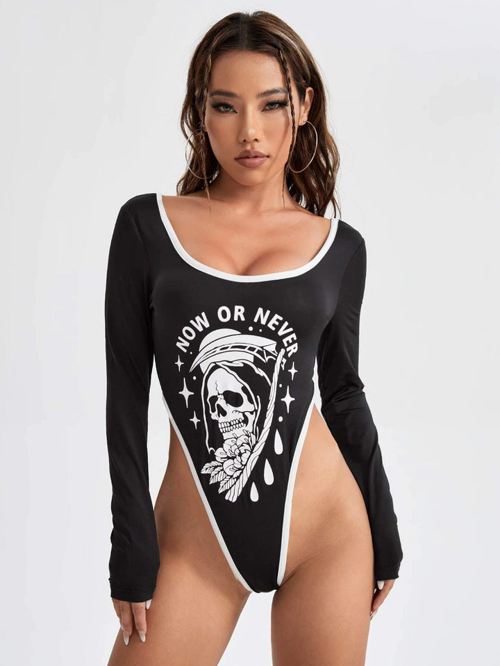 Slogan Graphic Contrast Binding High Cut Bodysuit