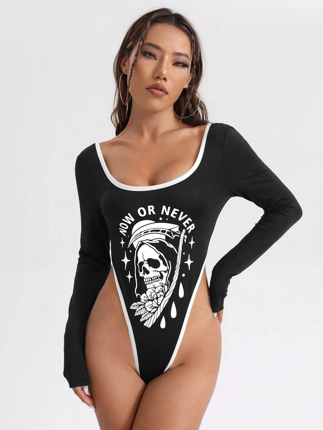 Slogan Graphic Contrast Binding High Cut Bodysuit