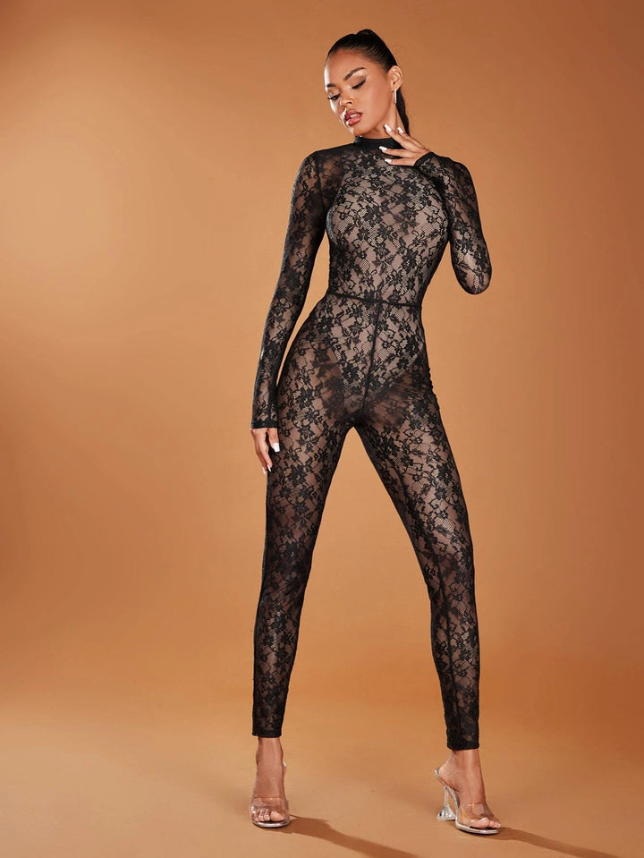 Floral Lace Mock Neck Jumpsuit Without Bodysuit