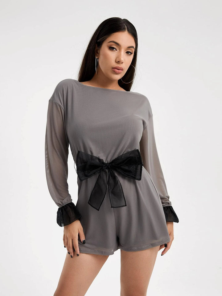 Flounce Sleeve Belted Mesh Romper