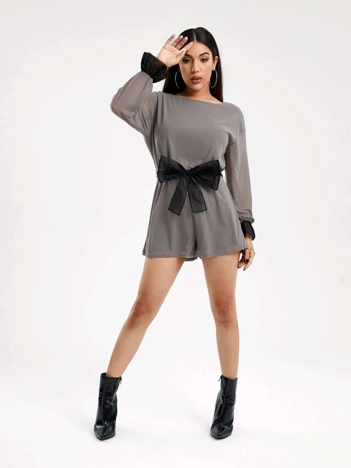 Flounce Sleeve Belted Mesh Romper