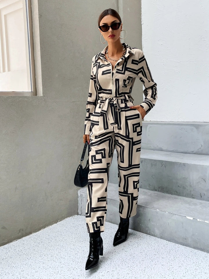 Print Zipper Belted Shirt Jumpsuit