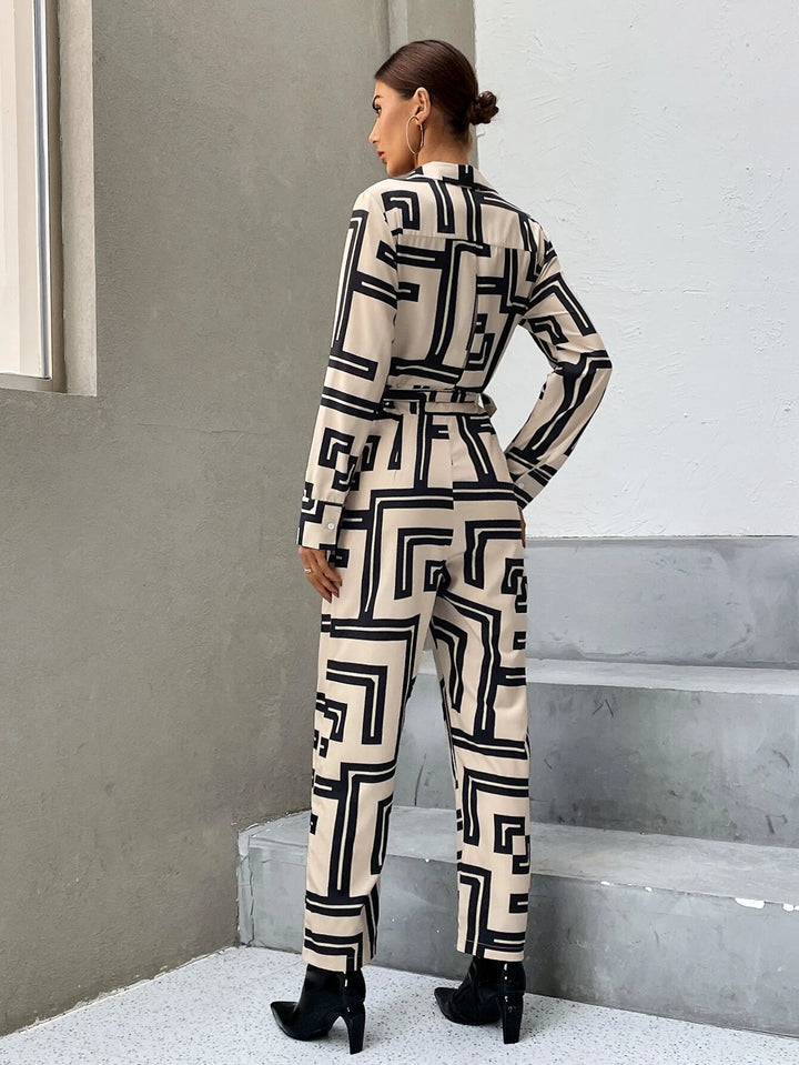 Print Zipper Belted Shirt Jumpsuit